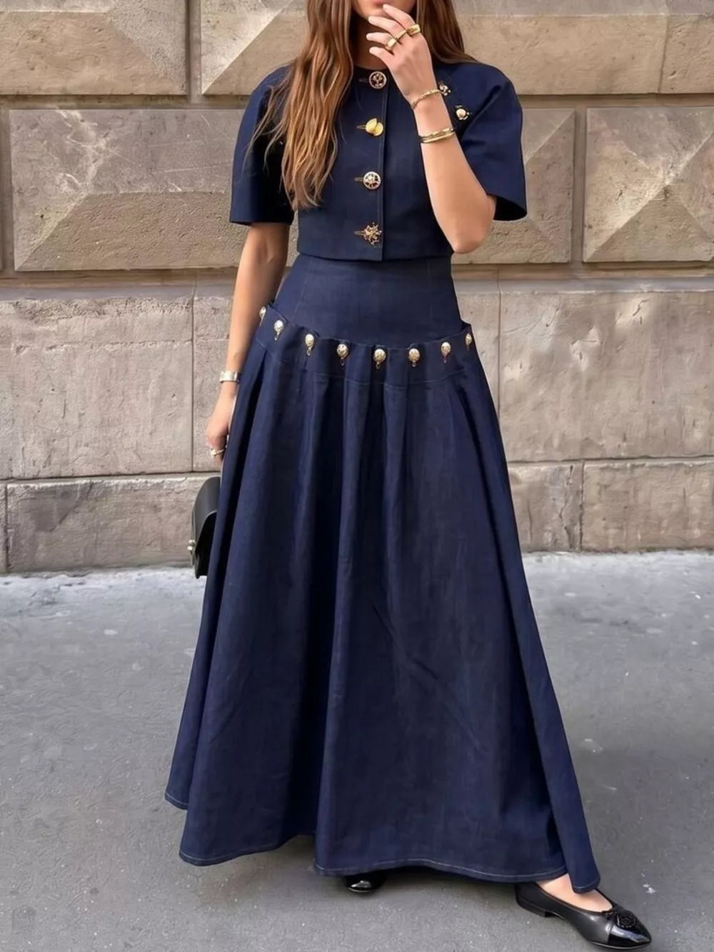 skirt set in navy blue featuring cropped top and A-line fit