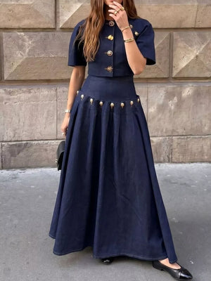 skirt set in navy blue featuring cropped top and A-line fit