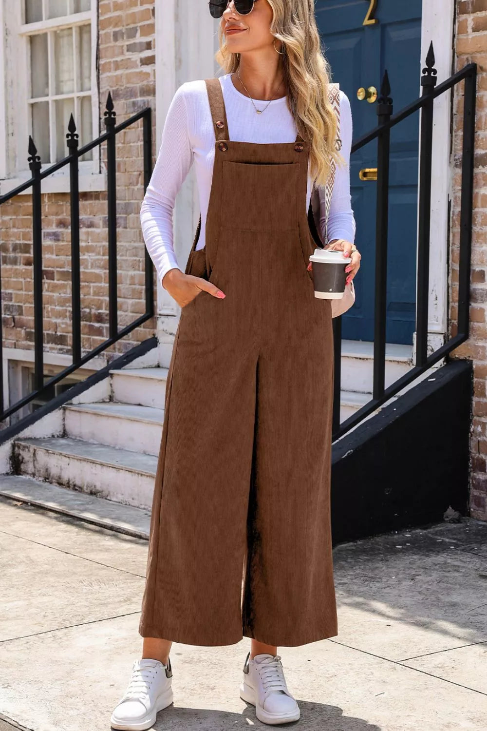 Corduroy Wide-leg Overalls With Pockets in Brown