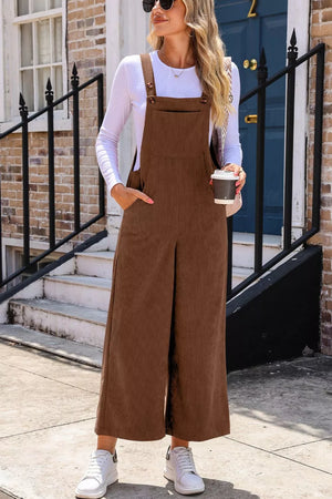 Corduroy Wide-leg Overalls With Pockets in Brown