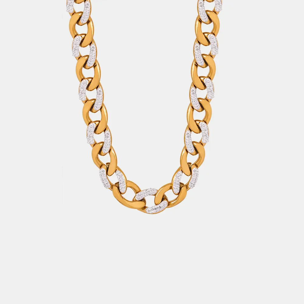 Gold curb chain necklace with zircon insets and adjustable length