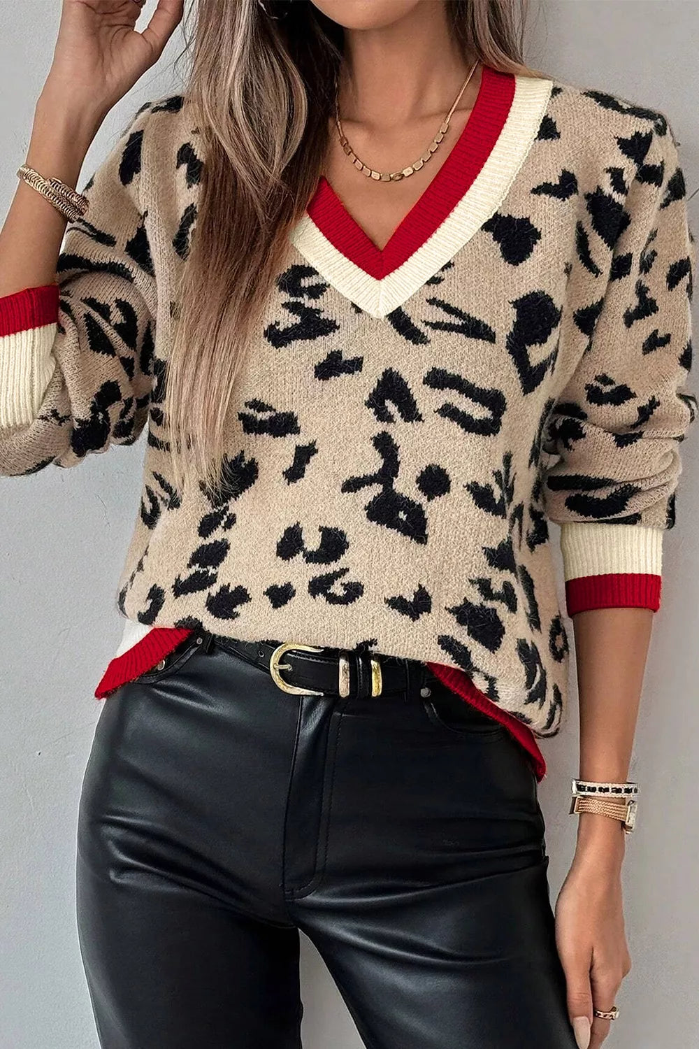 Leopard Leopard Pattern V-neck Ribbed Sweater
