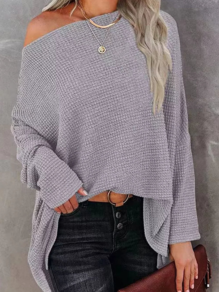 Brown with One-shoulder Waffle Knit Top
