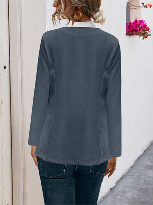 Suede-effect open front blazer in dark grey with long sleeves and a relaxed fit.