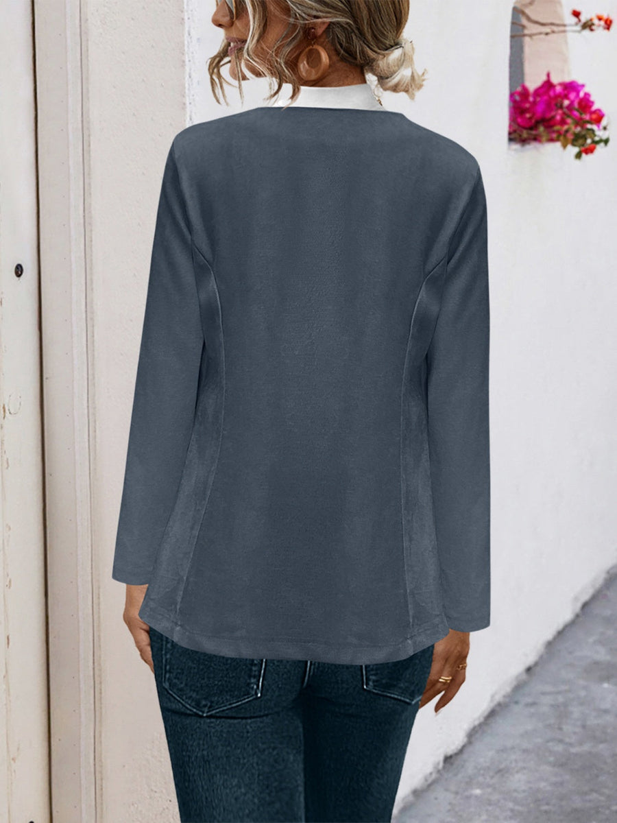 Suede-effect open front blazer in dark grey with long sleeves and a relaxed fit.