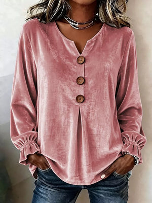 Black Velvet Button Decor Blouse With Ruffled Cuffs