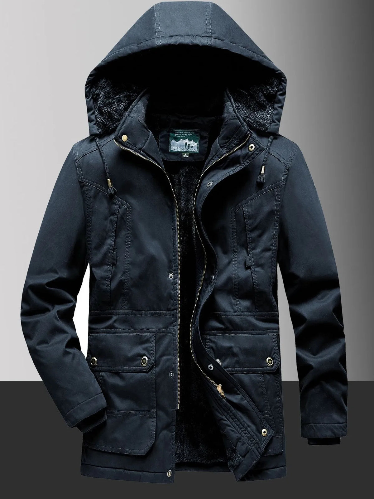 Men's black fleece-lined hooded coat with multiple pockets and zipper closure.
