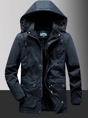 Men's black fleece-lined hooded coat with multiple pockets and zipper closure.