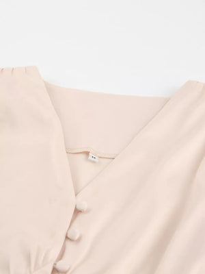 Pink Brown Elegant V-neck Puff Sleeve Button-down Midi Dress