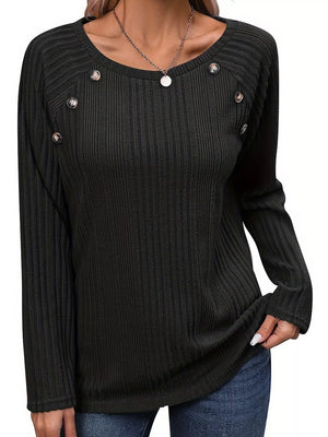 Black Ribbed Long Sleeve T-shirt With Button Detail
