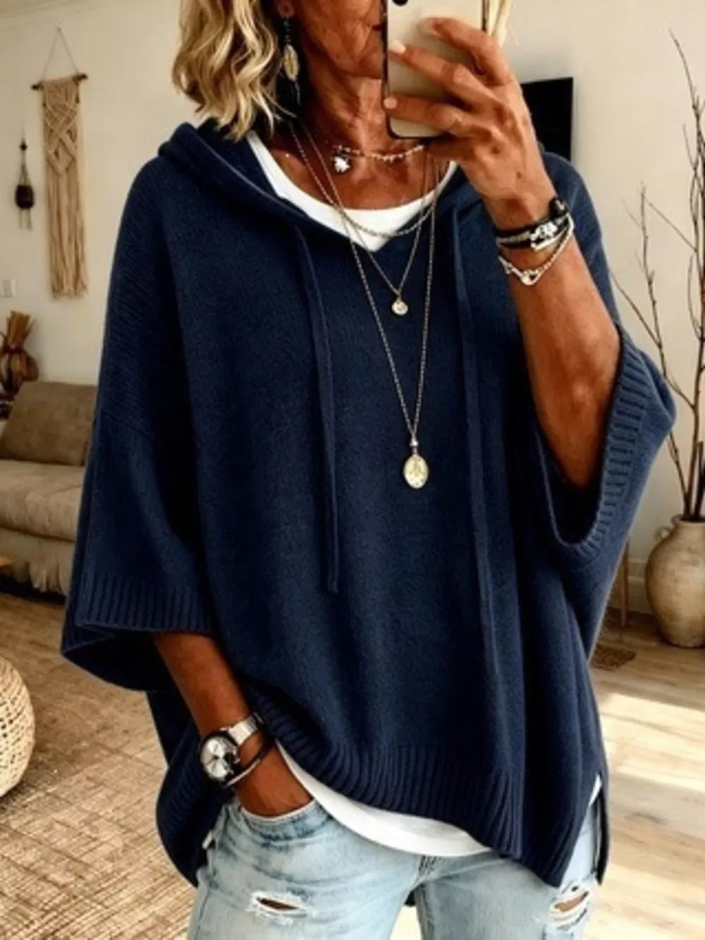 Blue oversized pullover sweater with hooded