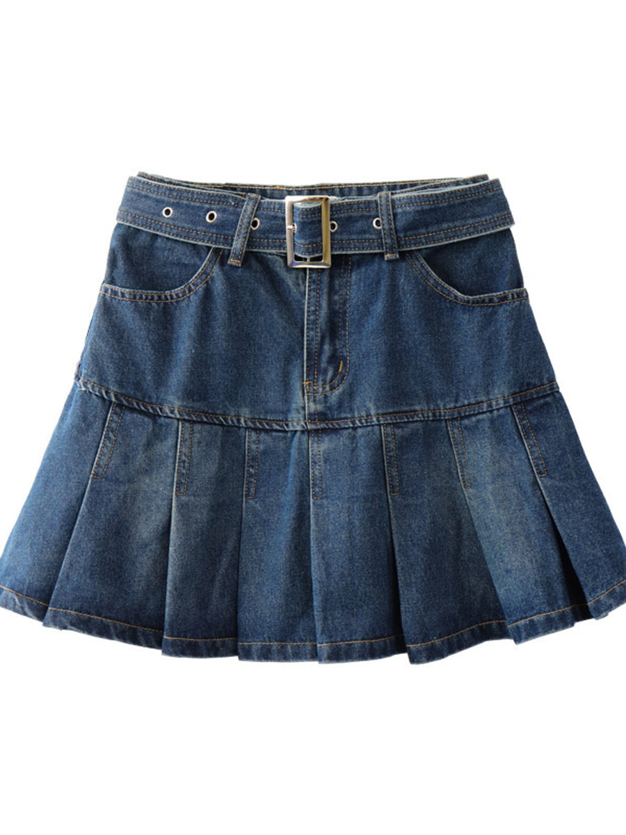 Vintage Blue pleated skirt with mini and zip-front