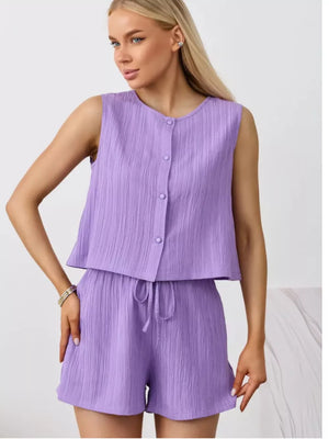 Purple textured cotton tank top and drawstring shorts set with button front detail