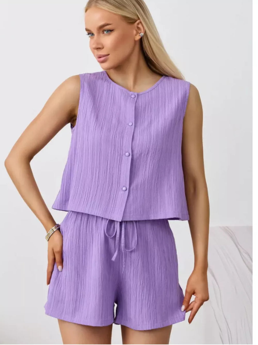Purple textured cotton tank top and drawstring shorts set with button front detail