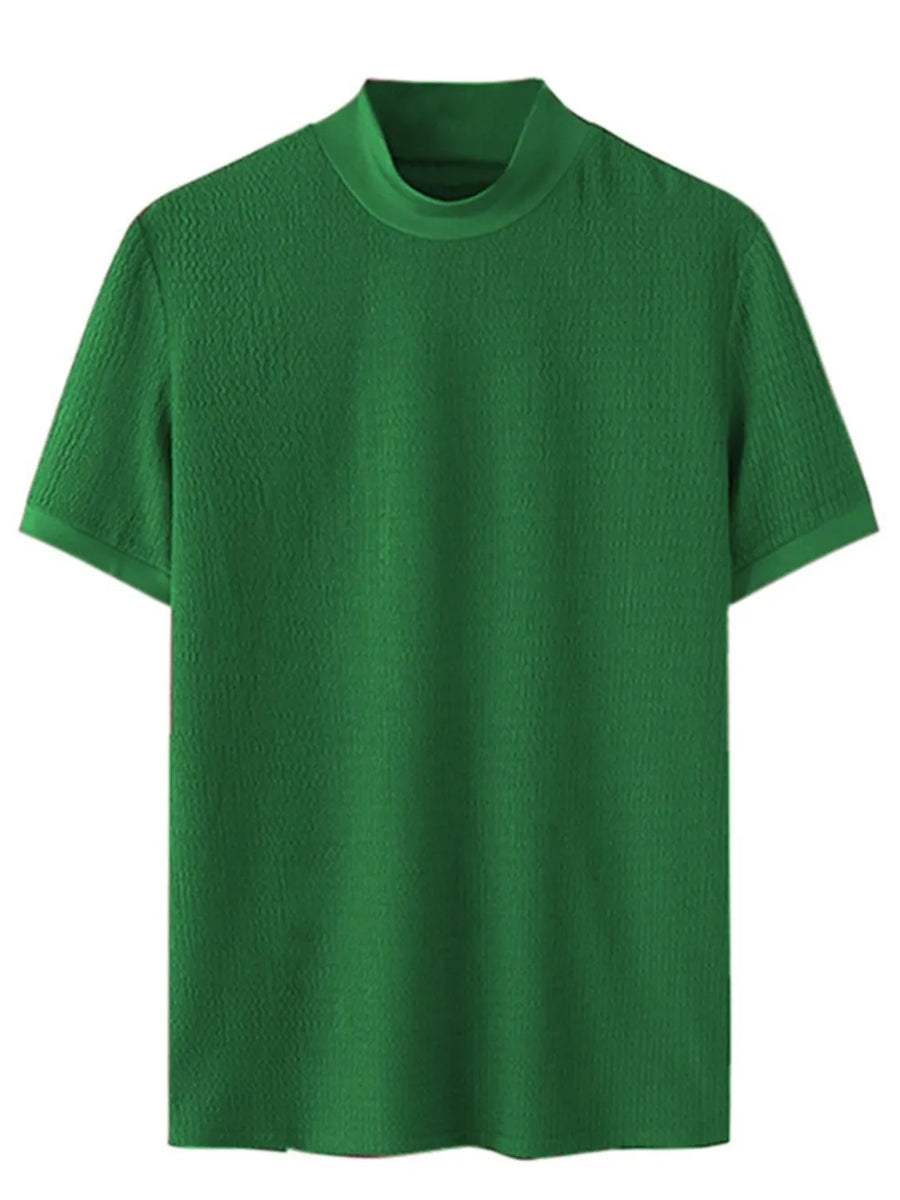 Green textured knit mock neck tee with short sleeves.