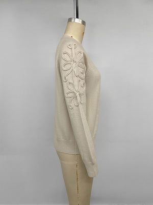 Floral Raglan Sleeve Sweater in Beige with applique