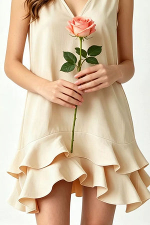Beige tiered ruffle hem V-neck mini dress with a rose held by the model.