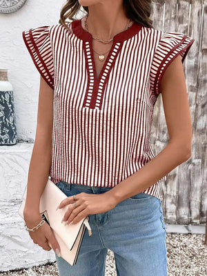 Burgundy and white striped blouse with ruffle sleeves and V-neck
