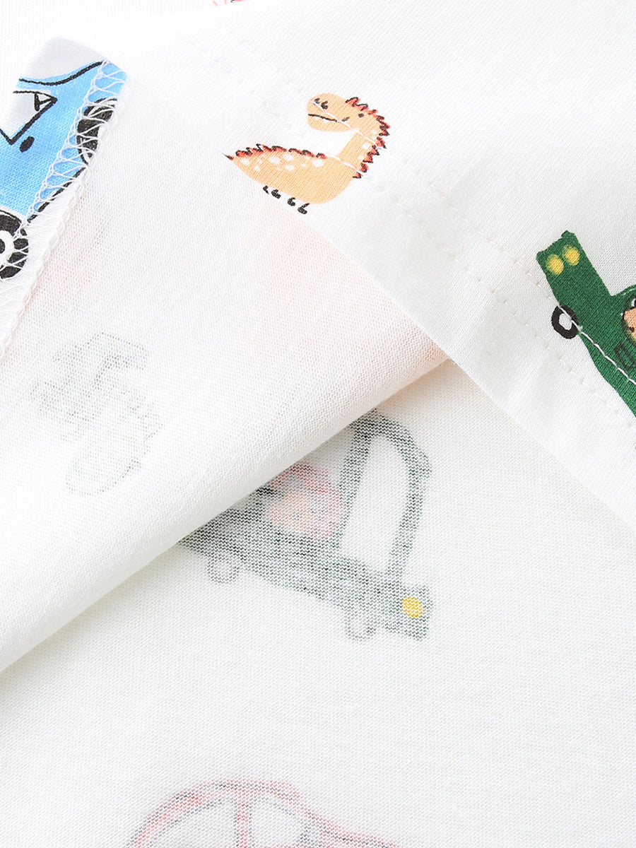 White cotton t-shirt for kids with cartoon dinosaurs, cars, and trucks print.