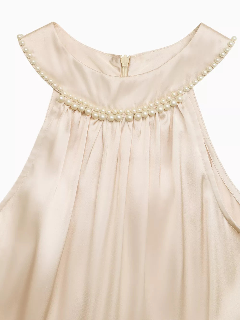 Champagne satin midi dress with pearl-embellished neckline and pleats.