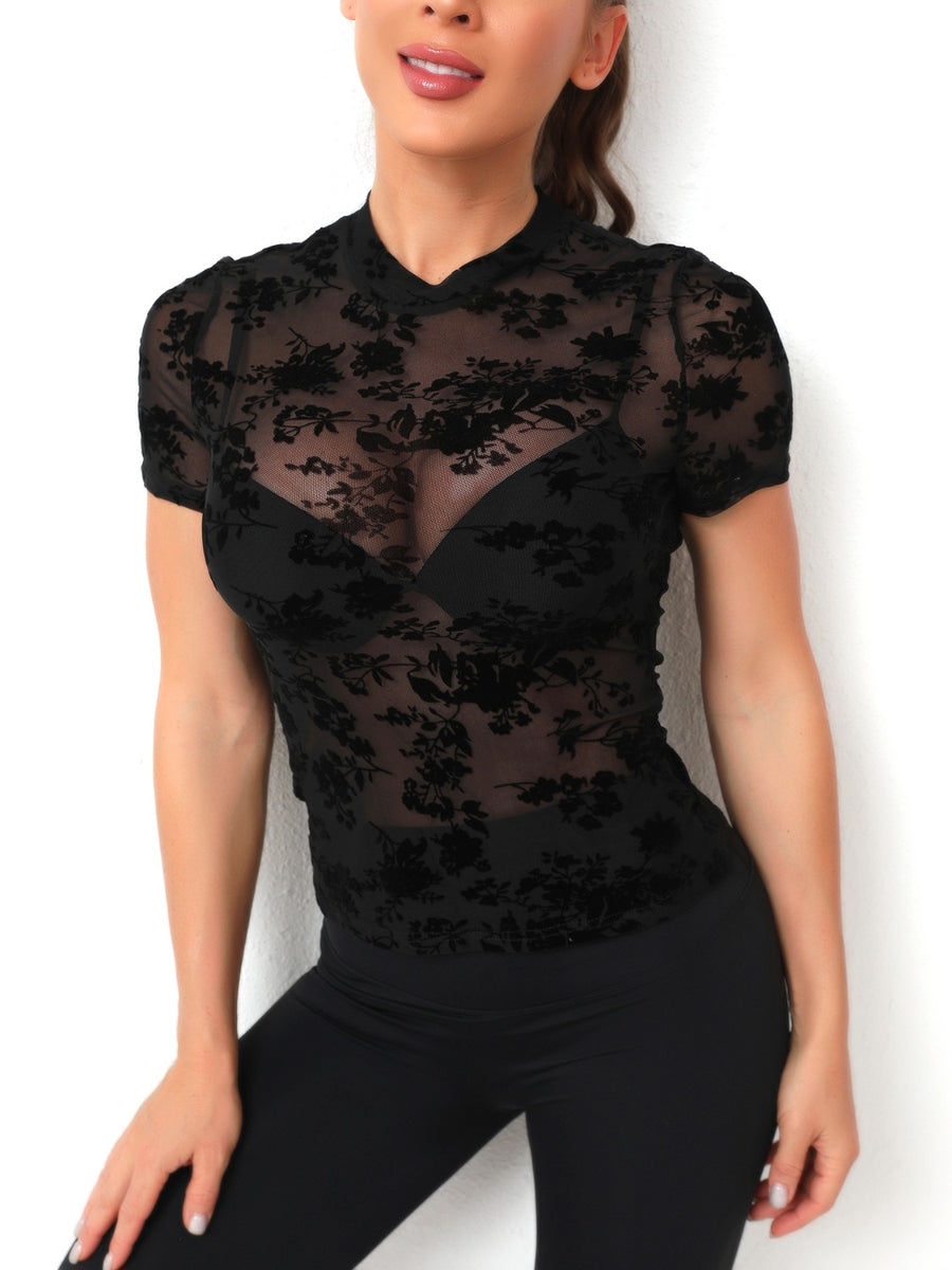 Black velvet floral mesh mock neck top with short sleeves