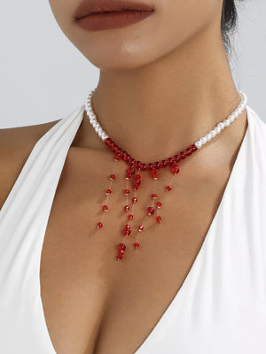 Deep Red with 18k Gold-plated Synthetic Pearl Dangle Necklace in Deep Red