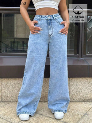 Wide-leg blue denim jeans with pockets and a comfortable cotton blend.