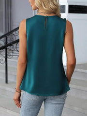 Teal pleated round neck sleeveless tank top with keyhole back detail.