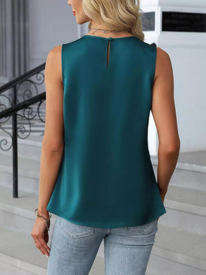 Teal pleated round neck sleeveless tank top with keyhole back detail.