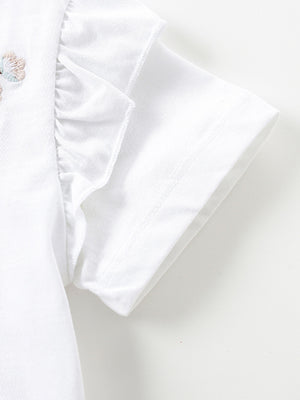 White toddler dress with embroidered butterfly detail and ruffled sleeves.