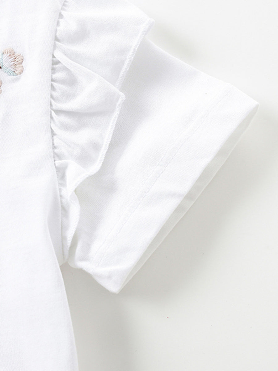 White toddler dress with embroidered butterfly detail and ruffled sleeves.