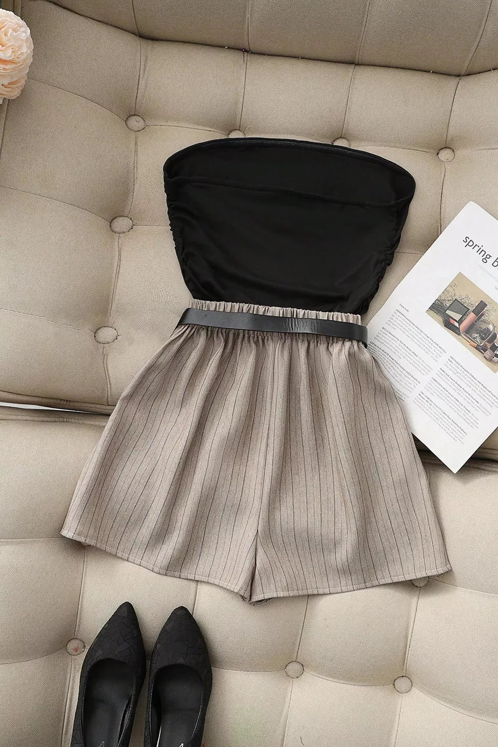 Strapless Ruched Top And Shorts Set in Black