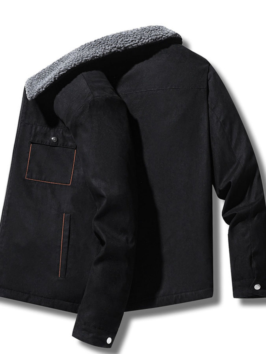 Black utility jacket with hip-length and zip-front