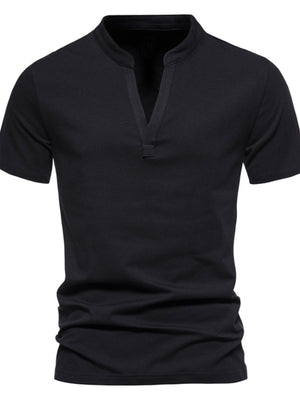 Men's black cotton short sleeve t-shirt with a V-neck and stand collar.