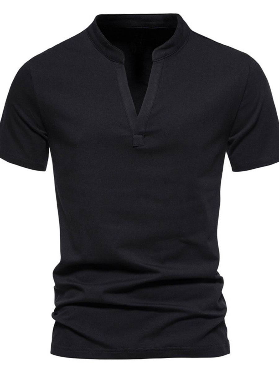 Men's black cotton short sleeve t-shirt with a V-neck and stand collar.