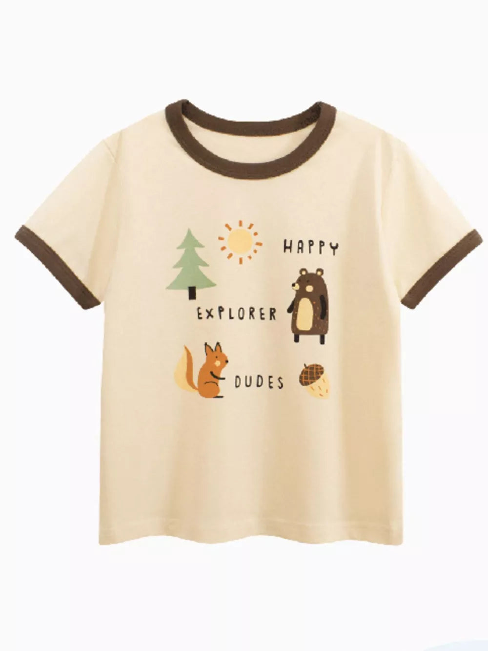 Cream t-shirt with brown trim and a graphic print of a bear, squirrel, tree, sun, and acorn.
