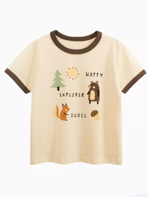 Cream t-shirt with brown trim and a graphic print of a bear, squirrel, tree, sun, and acorn.