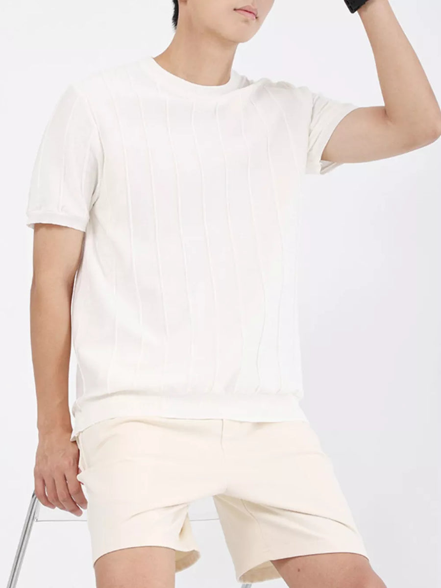 White textured short sleeve t-shirt with vertical ribbing and crew neck.