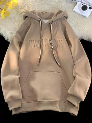 Tan cotton blend hoodie with drawstring, embossed text, and front pocket.