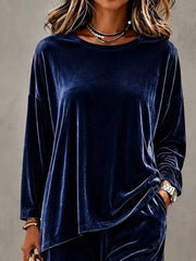 Full Size Velvet Long Sleeve Top And Pants Set in Red with ruched