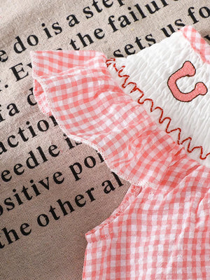Pink with Children's Smocked Plaid Ruffle Sleeve Dress