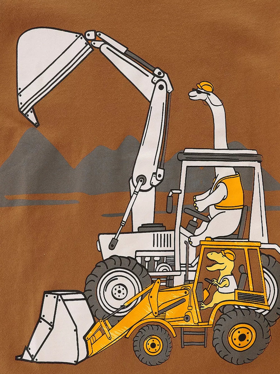 Brown cotton blend crew neck t-shirt with excavator and dinosaur graphic.