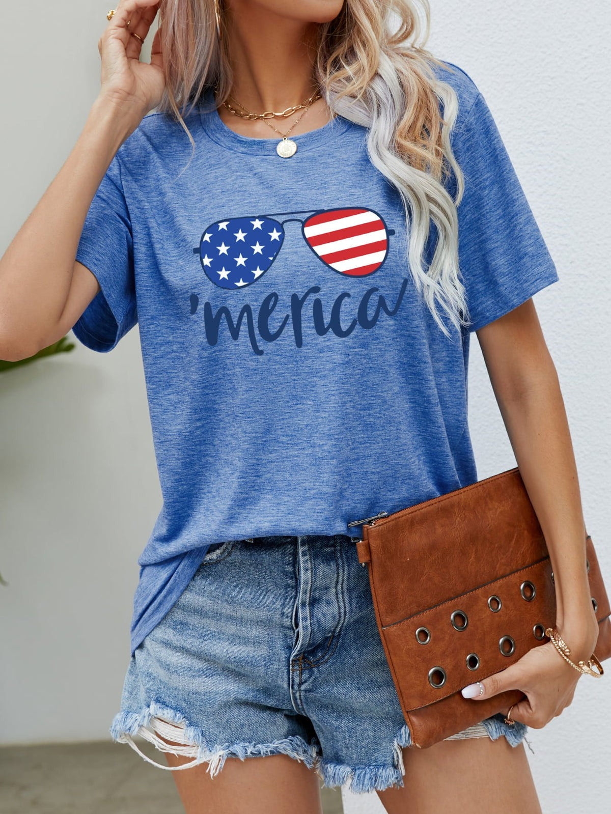 Cobalt Blue graphic tee with aviator sunglasses and 'merica script.