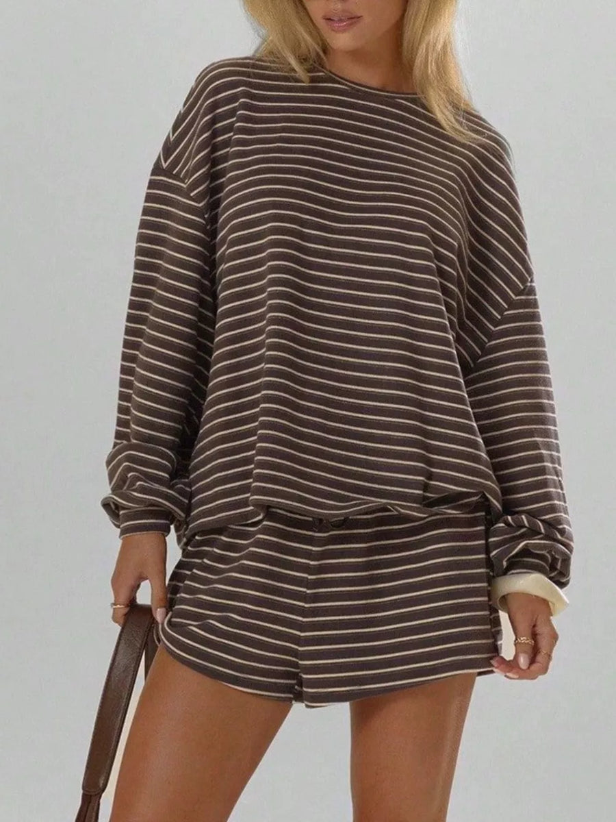 Coffee Brown pajama set with hip-length (top), mini (shorts) and pullover