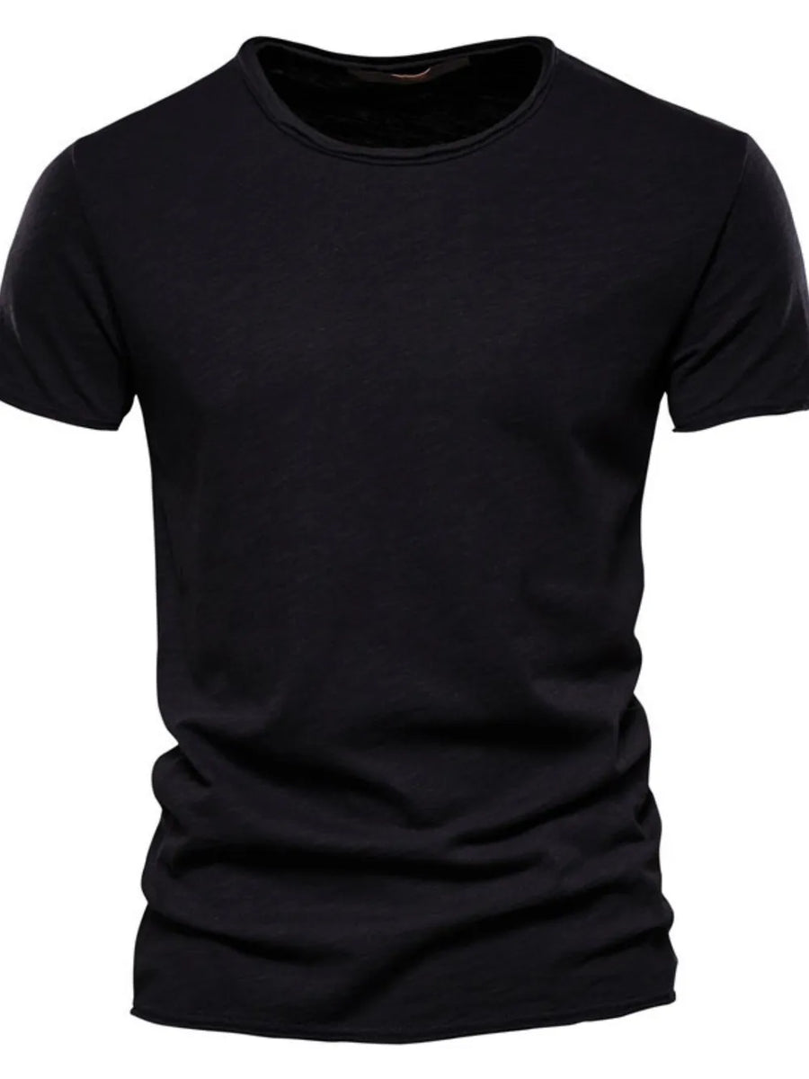 Black slub cotton crewneck tee with short sleeves and a textured finish.