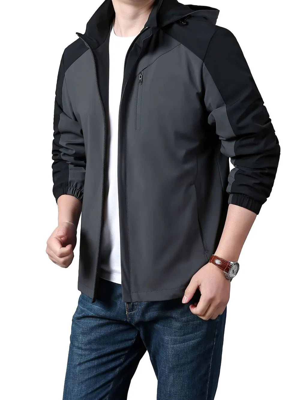 Military Green Men's Plus Size Hooded Colorblock Jacket