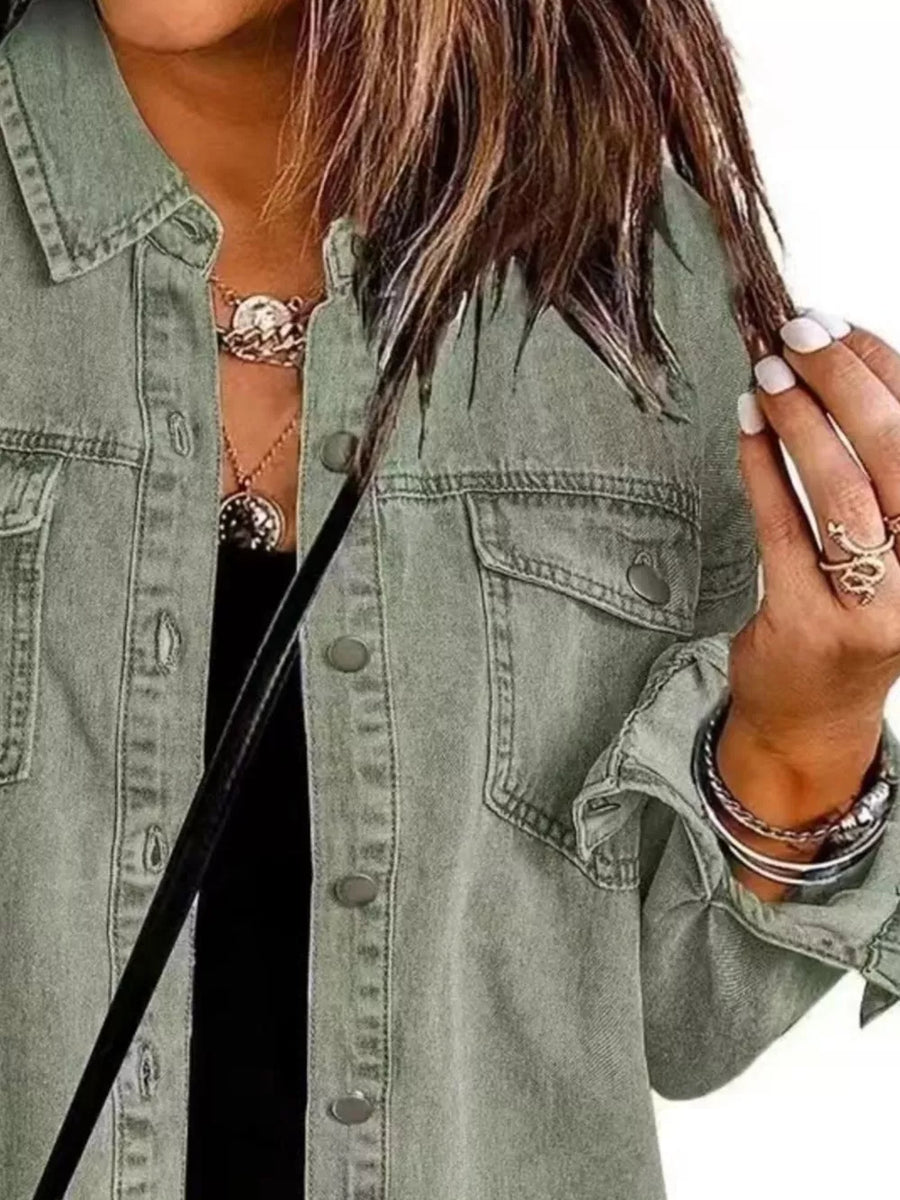 Frayed Hem Button Up Denim Jacket in Khaki with buttoned