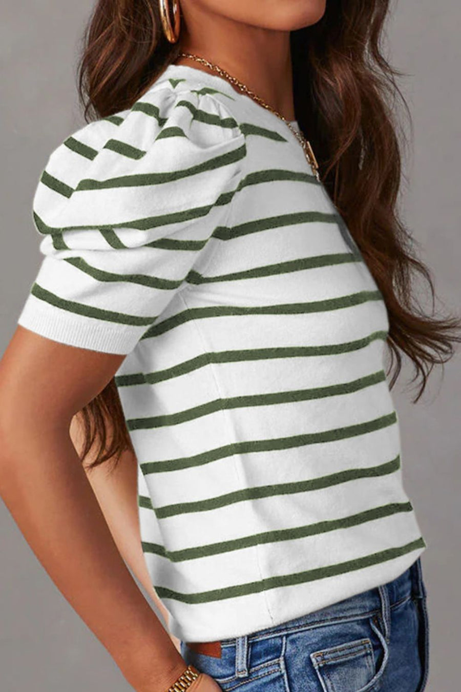 Puff sleeve breton knit top in white with dark green stripes, crew neck, short sleeves.