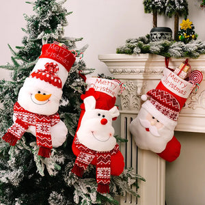 Three whimsical Christmas stockings: snowman, reindeer, and Santa, with "Merry Christmas" text.