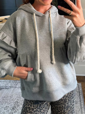 Gray Contrast Rope Drawstring Ruffle Hoodie